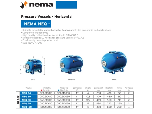 Бак расширительный для санитарной воды  NEMA-NEQ горизонтальный 60 L