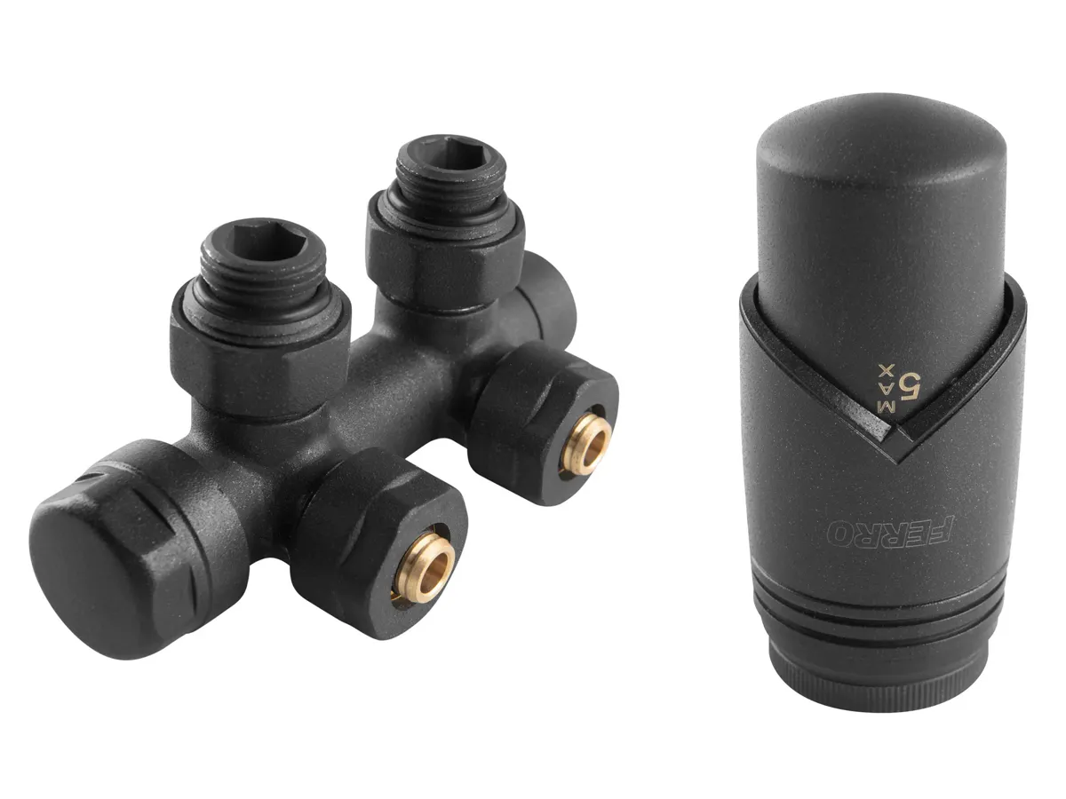 Кран радиаторный двойной Ferro 16*2 черный + термоголовка