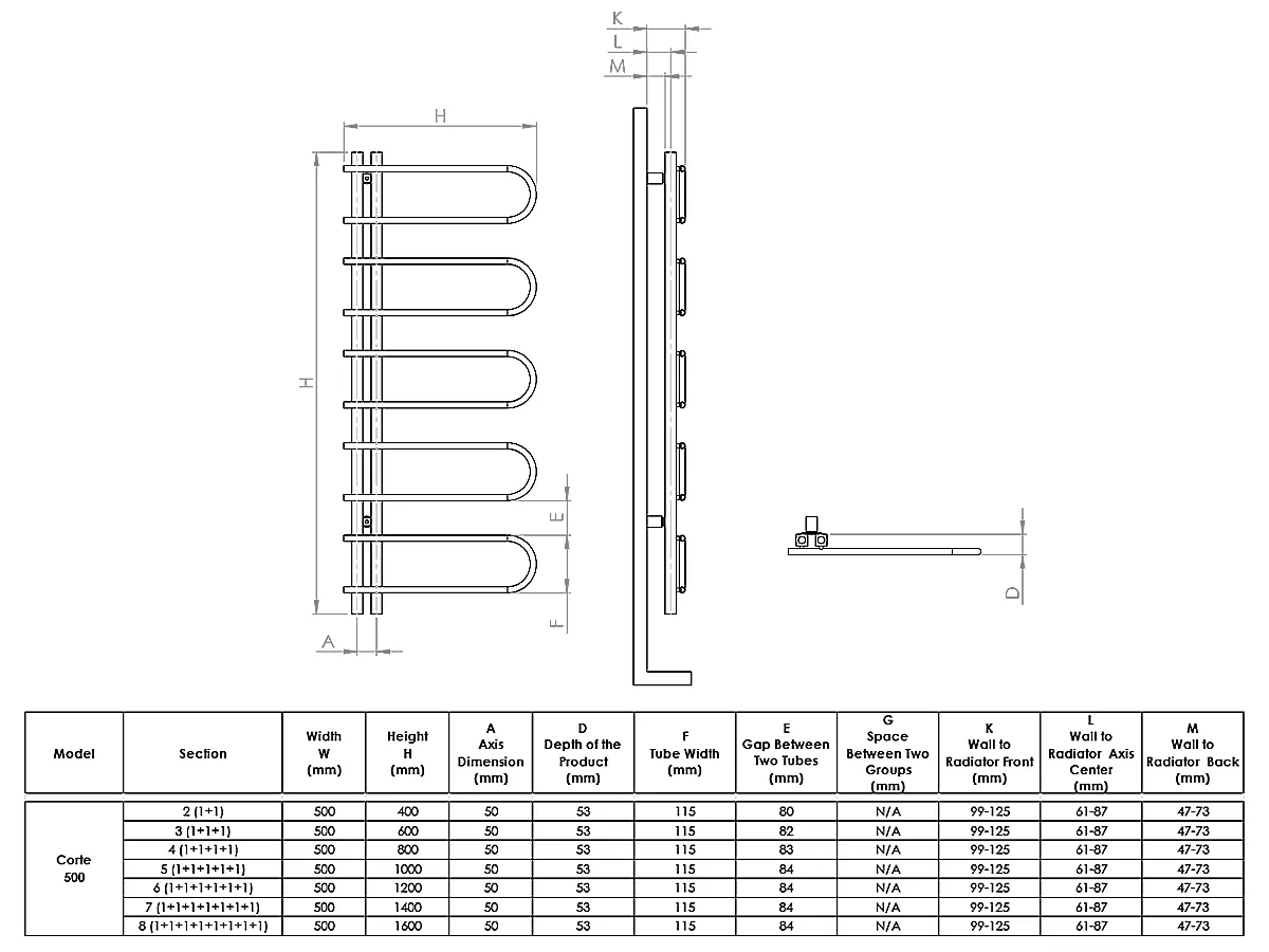 Uscător de prosoape de design LOJIMAX colecția CORTE 1600x500 mm, Alb