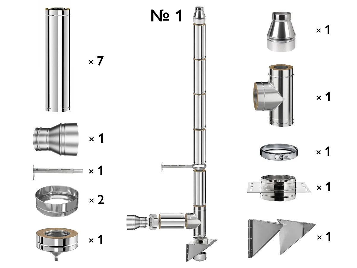 Kit complet coș de fum INOX izolat AISI 304, Ø200–280 mm, lungime 6 m, pentru cazane 50–70 kW (Varianta №1)