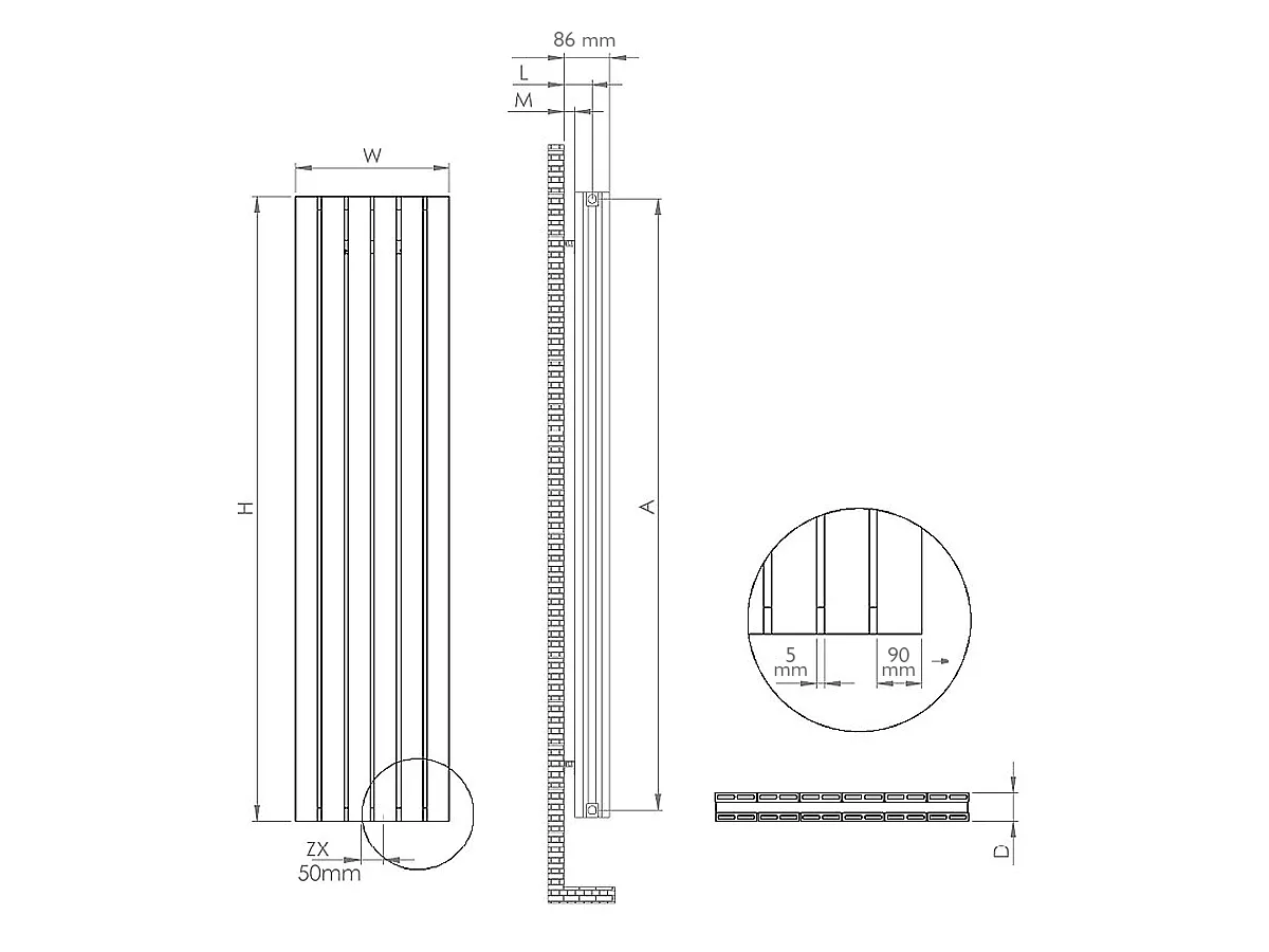 Calorifer decorativ LOJIMAX, colectia  KALSEDON DOUBLE высота 400 mm. ширина 1895 mm. BLACK SATINE